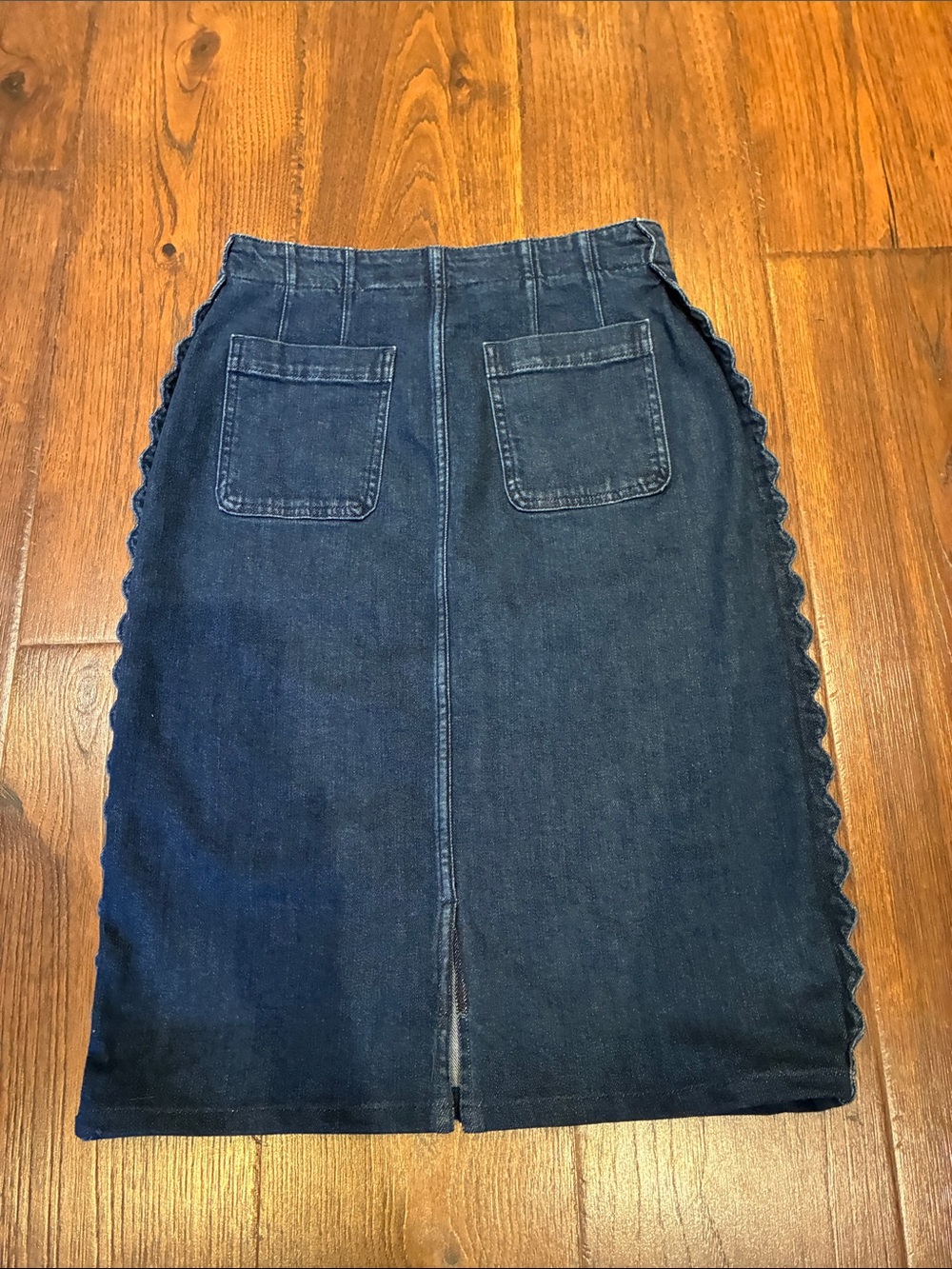 Maeve Dark Blue Denim Pencil Skirt with Scalloped Side Trim - Picture 6 of 11